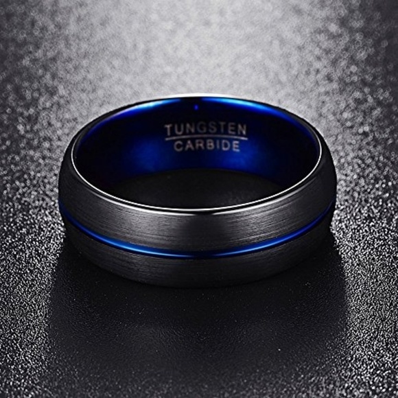 Black Tungsten Thin Blue Line Police Ring Band - Picture 4 of 8